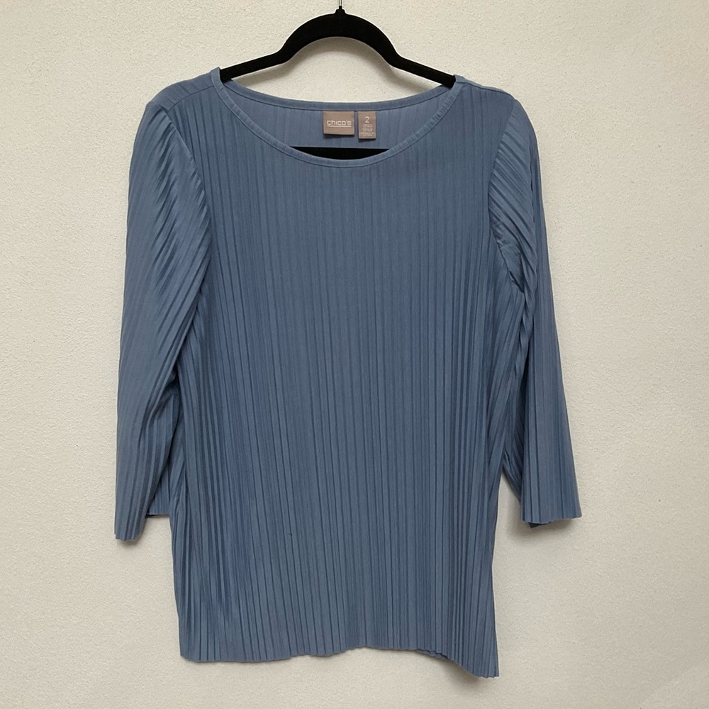 Chico's Dusty Blue Crewneck Pleated Top Size 2 US Size L/12 Career Work Job